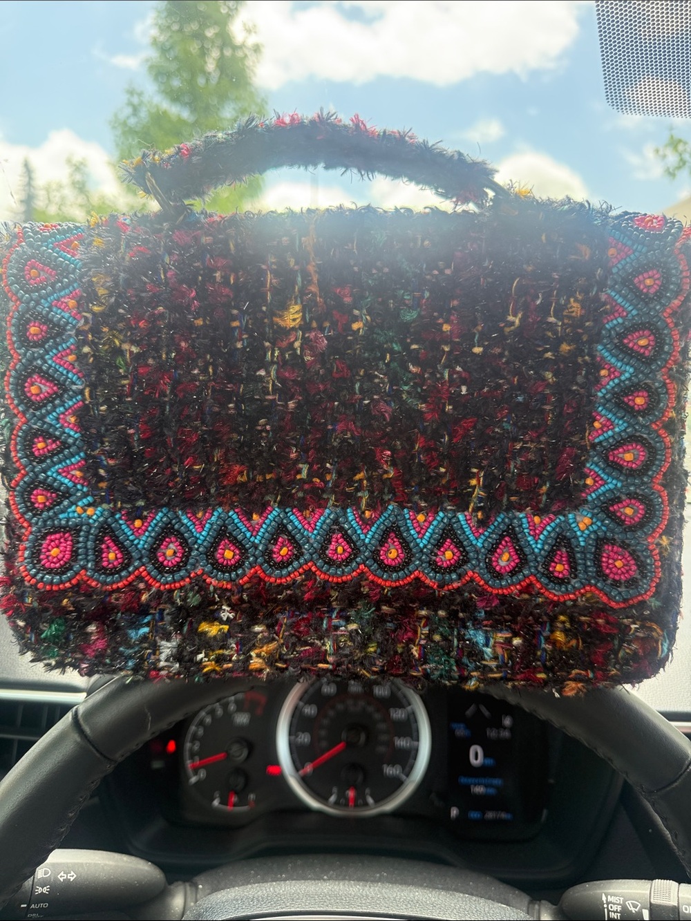 Beaded Tweed Mini Handbag in Black with Pink & Turquoise Accents
